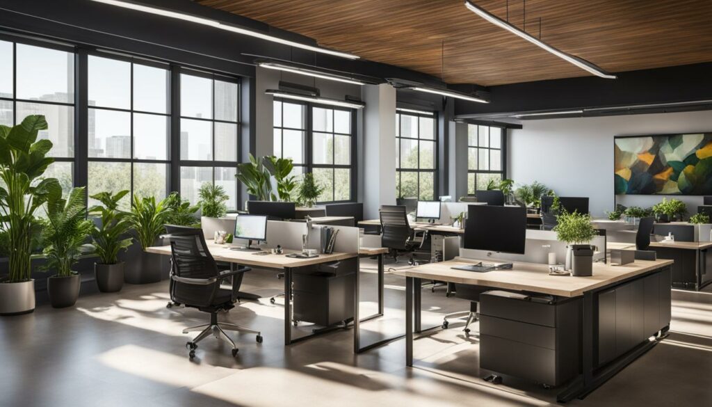 Tidy office desk with a plant by a sunny window
