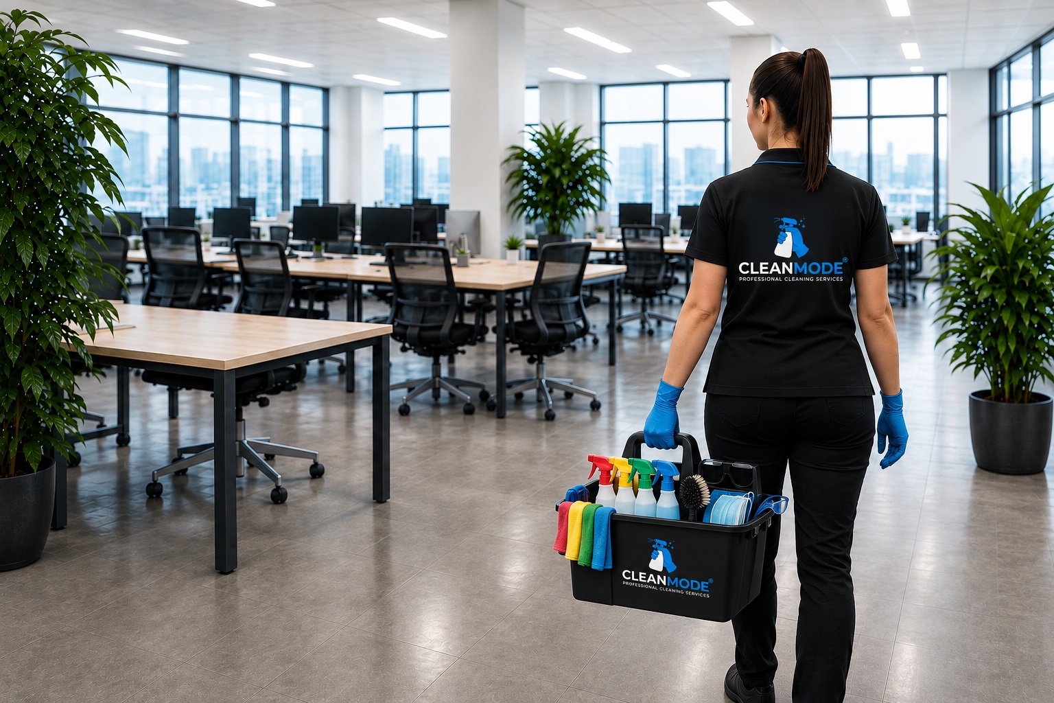 Cleaner vacuuming a bright, open-plan Wellington office